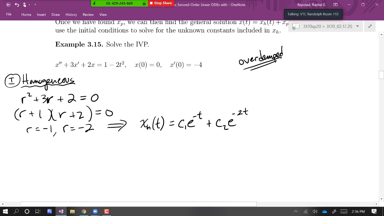 MAT-3170 - Monday 17 FEB 2020 - Second Order Linear ODEs with Constant ...
