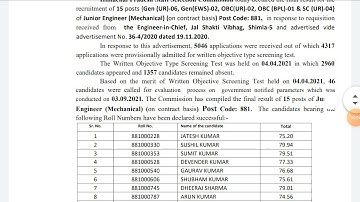 Hpssc  Final Result of Junior Engineer (Mechanical) Post Code - 881 || hpssc Result