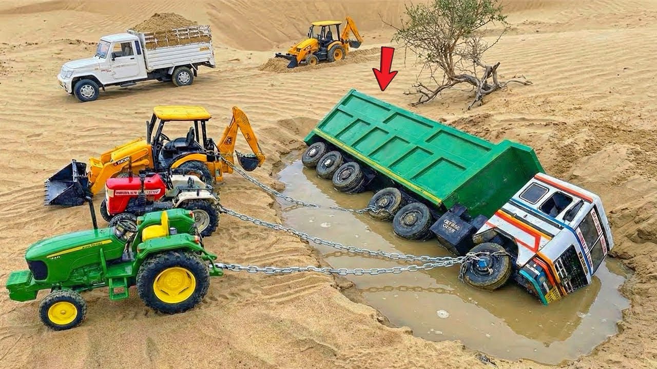 😱 Sand Loaded TATA Dumper Truck Accident Pulling Out Mahindra Tractor JCB 3DX | Toys Cartoon Video