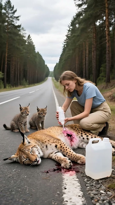 A kind hearted woman helped a Lynx with two lynx cubs by the road. #animals