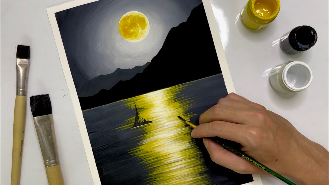 Ep.76  Full Moon Reflection | Painting For Beginners | วาดพระจัทร์สะท้อนน้ำ