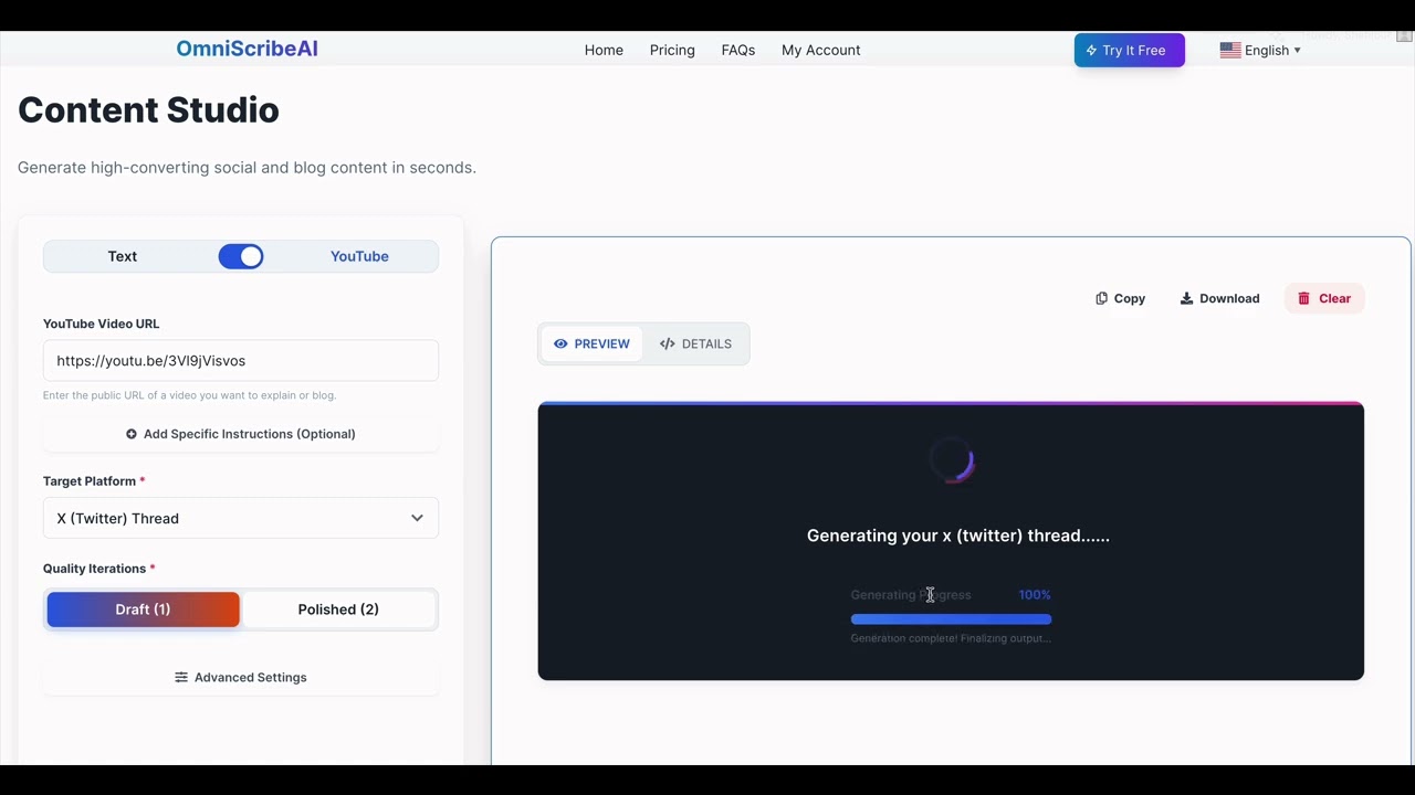 Convert text or Youtube Video to X (Twitter) Thread using AI | OmniScribeAI.com