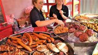 Street Food in Gdansk, Poland. Huge Sausages, Pork Knuckles, Langos, Stuffed Wrap and more