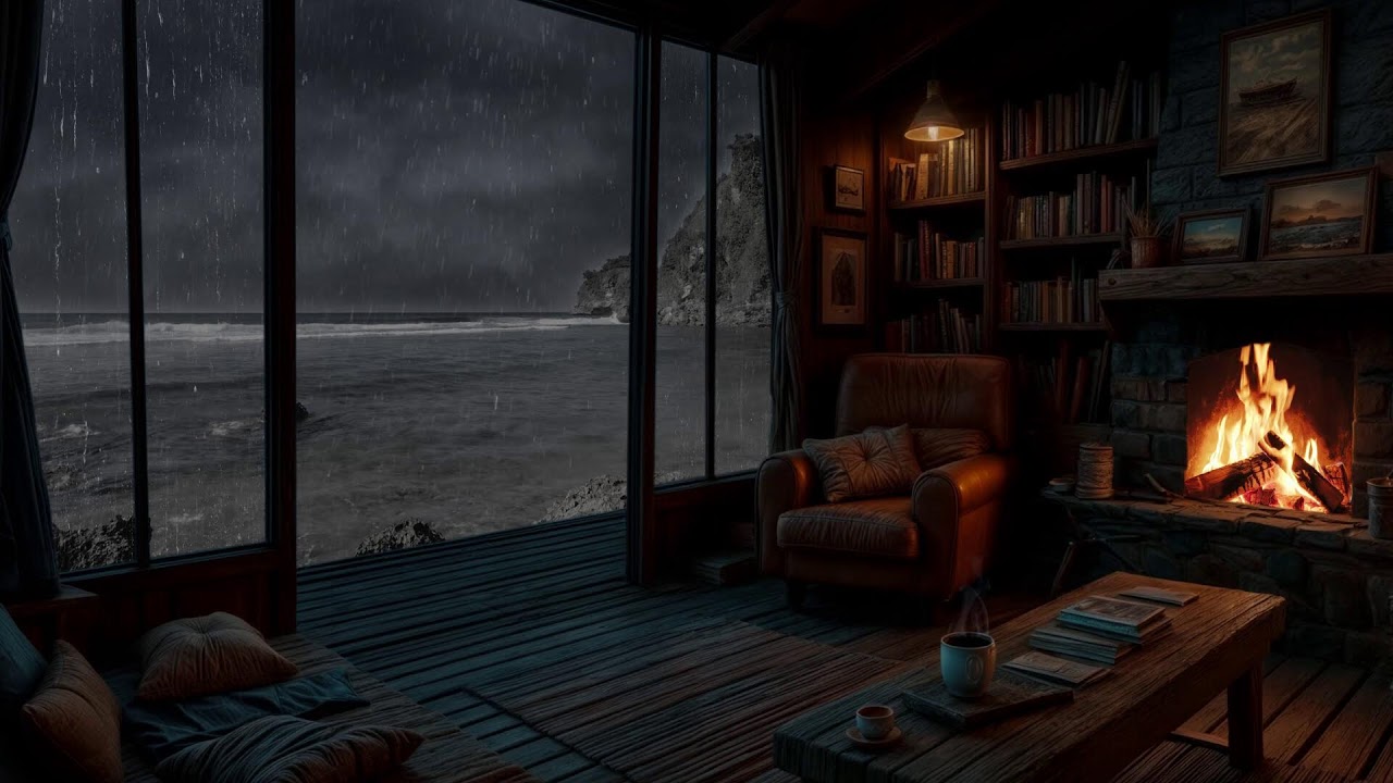 Stormy Evening on a Coastal Porch |  Rainstorm, Ocean Waves, Soft Thunder and Fireplace for Sleep