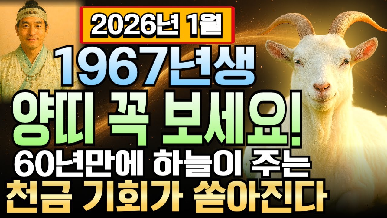 1967년생 양띠 정미년생 59세 2026년 1월 운세 신이 돕는다! 천금 쏟아지고 부의 파도 타는 한 달, 양띠 평생 황금기 시작되는 재물 폭발 지금 여기서 확인하세요.