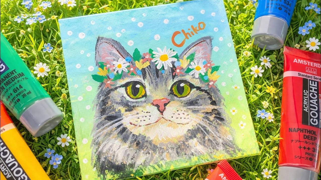 キャンバス油絵　専用　サビ猫ジジちゃんのわくわく散歩♪♪ ミニキャンバスに猫の絵を描いてみた♪ - YouTube