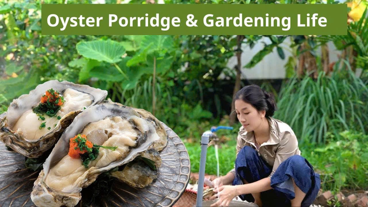 vietnamese rural life: growing vegetables and cooking oyster porridge with lemongrass