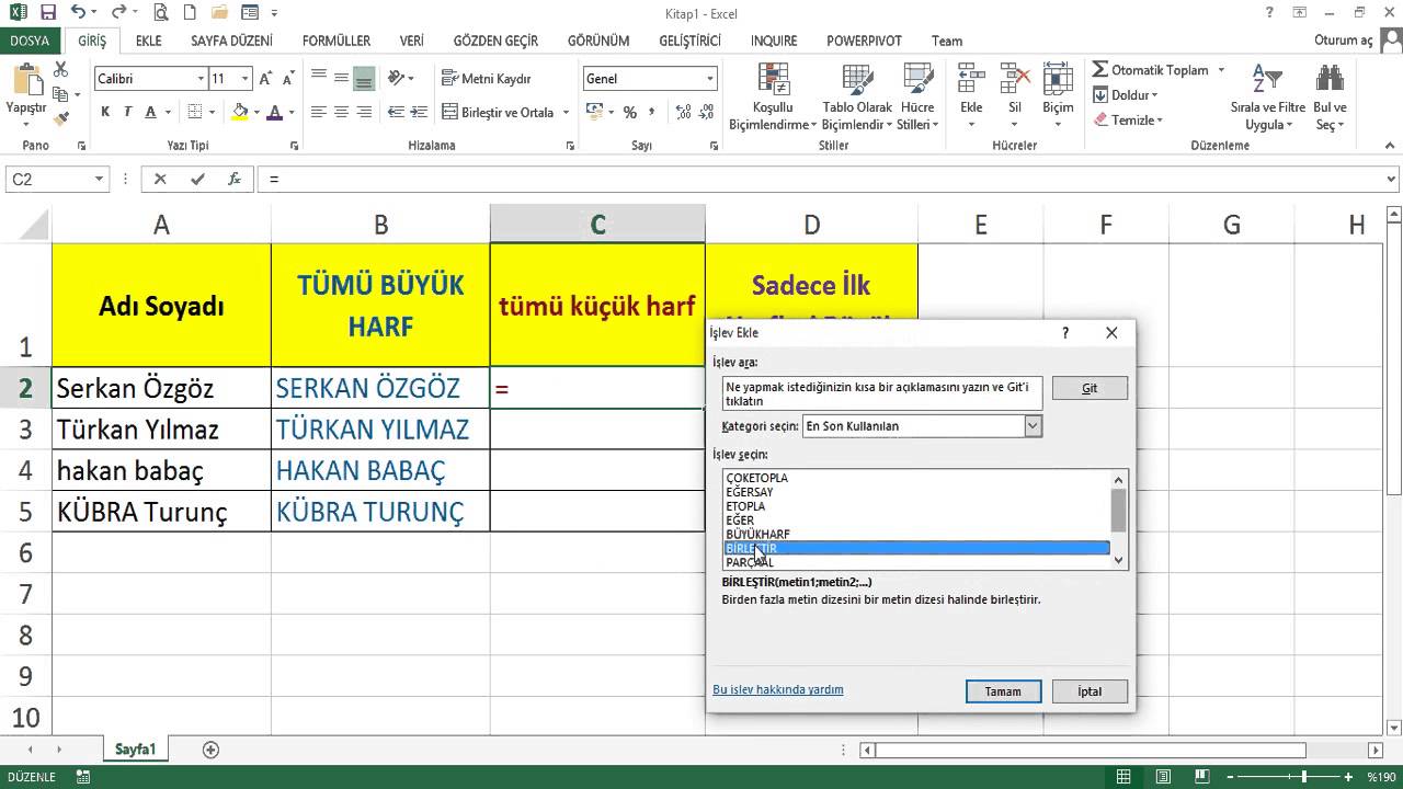 Excel'de Metin Düzenleme: BÜYÜKHARF (UPPER), KÜÇÜKHARF (LOWER),  YAZIM.DÜZENİ (PROPER) Fonksiyonları - YouTube