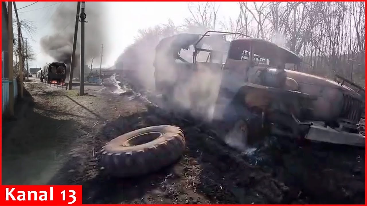 Kamikaze drones attacked Russian military trucks of the Ural brand carrying ammunition