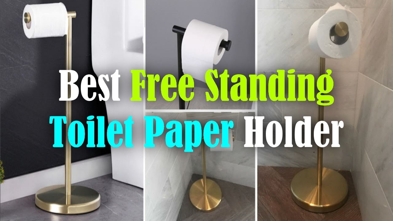 Freestanding Black Toilet Paper Holder Stand with Wood Base and Shelf