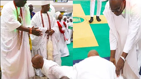 Humble,See How MC Oluomo Prostrates On The Floor For Obasanjo,Ooni of Ife At Rev.Esther Ajayi Church