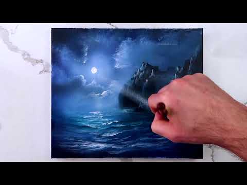 Silent Night | Ocean Waves and tall mountains touched by the moonlight | Acrylics