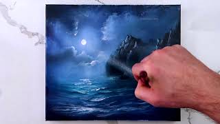 Silent Night | Ocean Waves and tall mountains touched by the moonlight | Acrylics