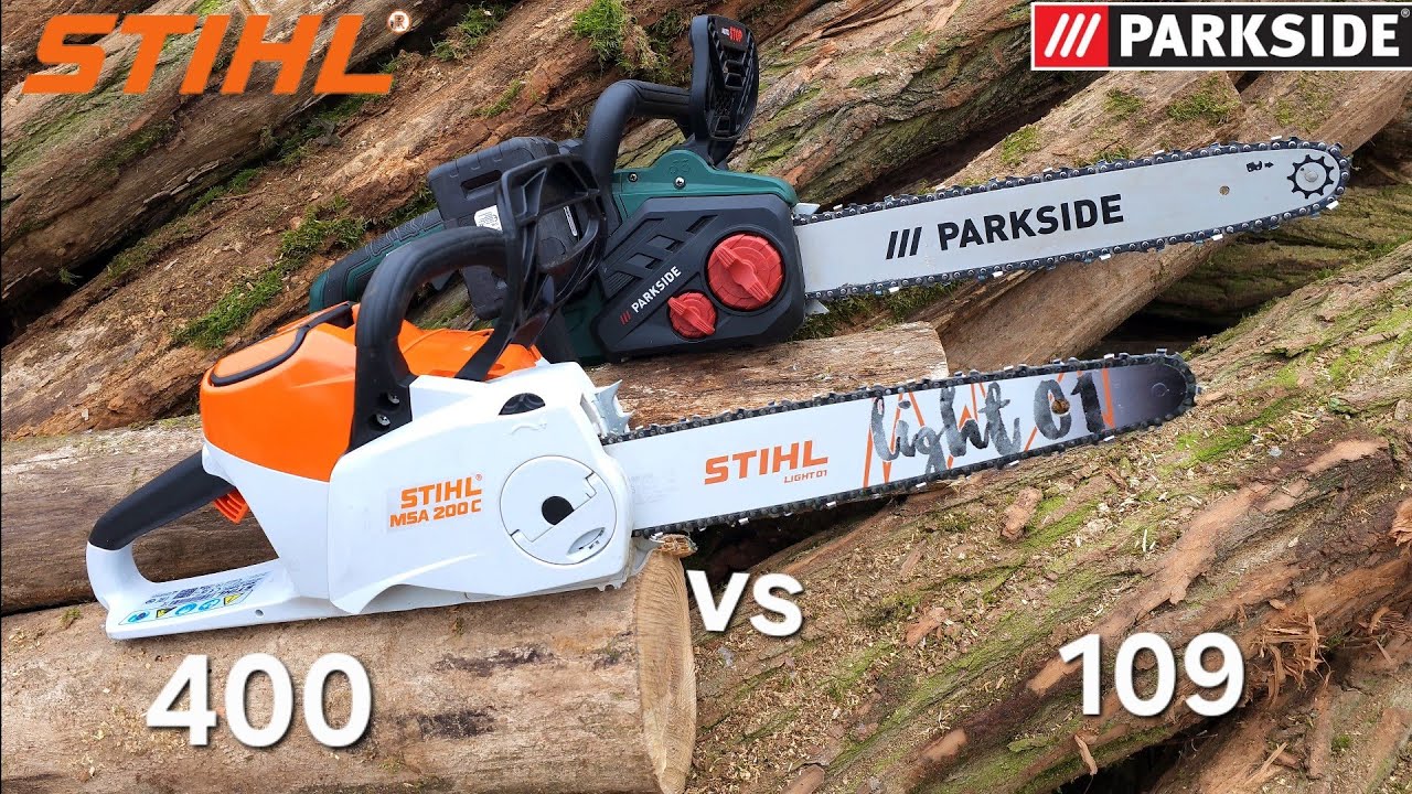 Сравнение любительских бензопил Parkside PKSA 40 Li B2 и профессиональной Stihl MSA 200 C