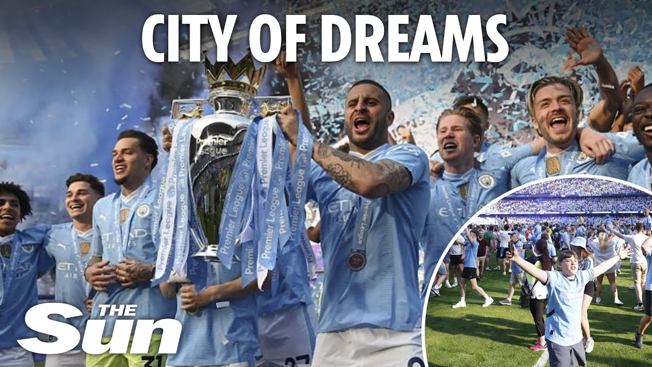 Moment Man City fans invade pitch as team celebrate fourth Premier League title in a row