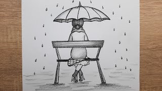 Yağmur'da Bankta Oturan Şemsiyeli Kız Resmi Adım Adım Nasıl Çizilir