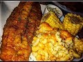 Sunday dinner with Fried catfish, Macaroni and cheese, and Corn on the cob