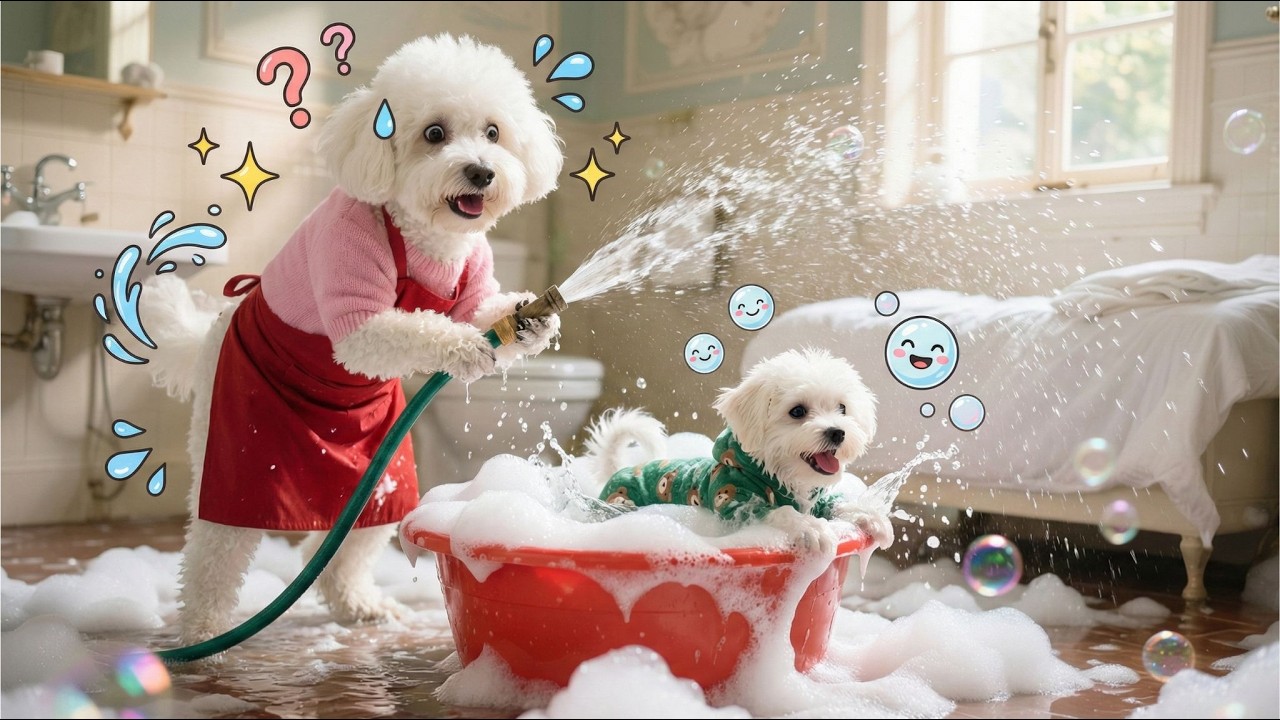 Baby Puppy too much soap!🧼🫧 Hilarious laundry session with Mom Dog☀️
