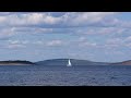 A white sailboat with is sailing over an ocean bay on a summer day - nature relaxation