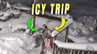Youngman's Icy Path Trip and Girlfriend's Laughter
