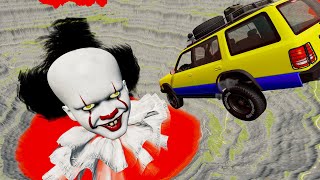 Mad Jumping Cars Into The Abyss With Scary Pennywise - Crash Beamng Drive Game