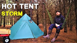 STORMY HOT TENT CAMPING, Solo Winter Overnighter, Stove Cooking