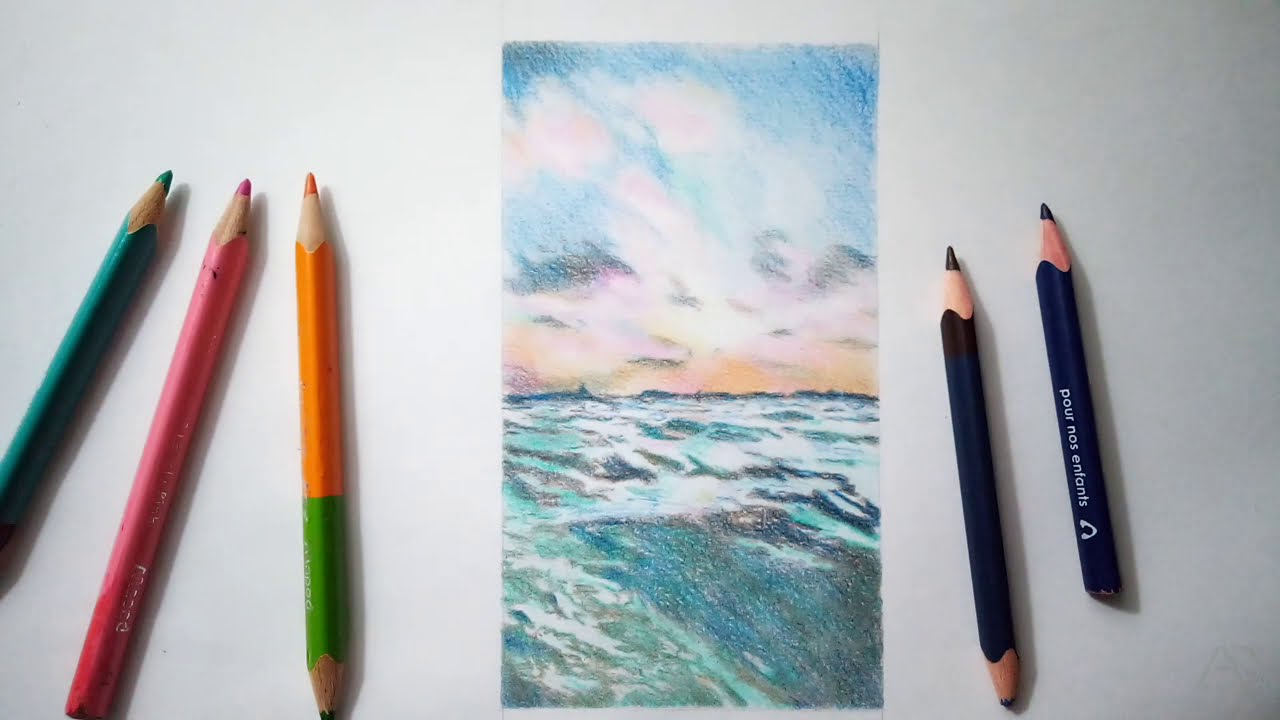  Drawing the sea with only colored pencils - YouTube