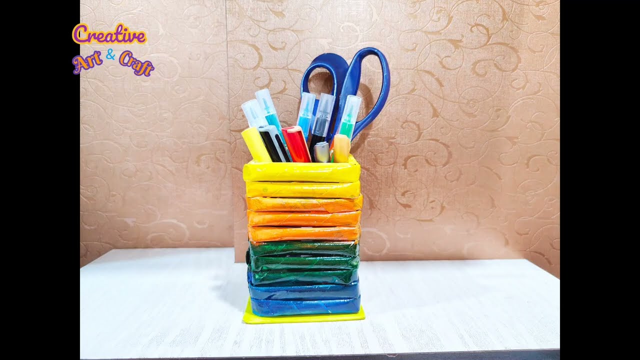 How to make pen stand | waste material craft ideas pen stand 