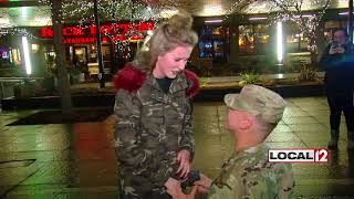 Burlington man home from basic training proposes to girlfriend on Fountain Square