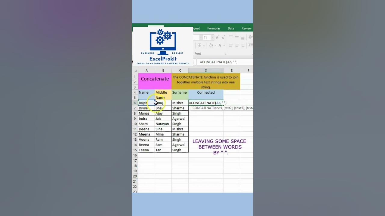 How to Combine Text in Excel Using CONCATENATE Function Excel Tips ...