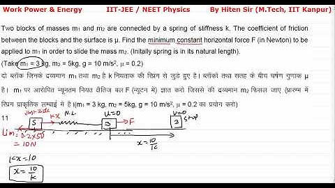 Two blocks of masses m1 and m2 are connected by a spring of stiffness k  The coefficient of friction