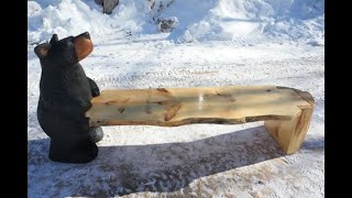 Chainsaw carved bear holds bench #12