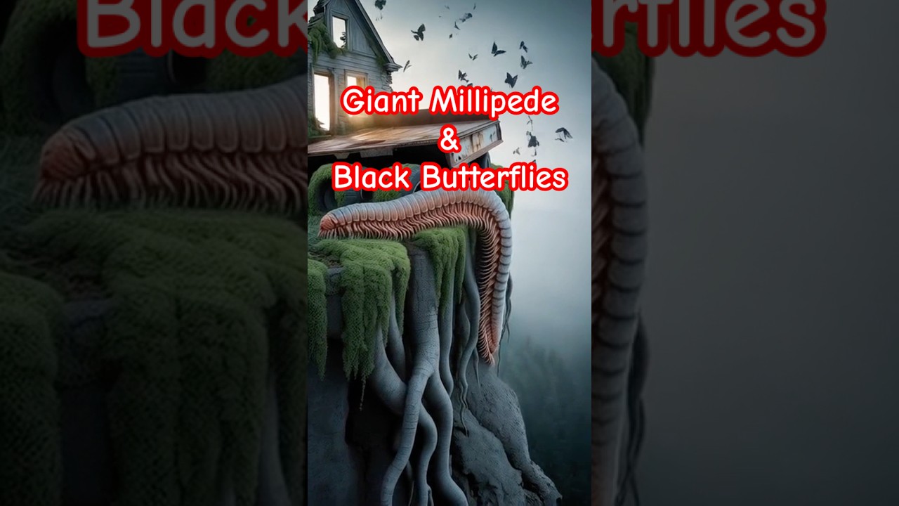 A giant millipede and black butterflies among human ruins 