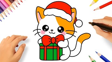HOW TO DRAW A CUTE KAWAII CHRISTMAS CAT EASY 🐈🎄