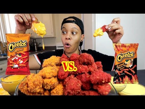 CHEETOS VS. HOT CHEETOS FRIED CHICKEN MUKBANG WITH CHEESE SAUCE!!