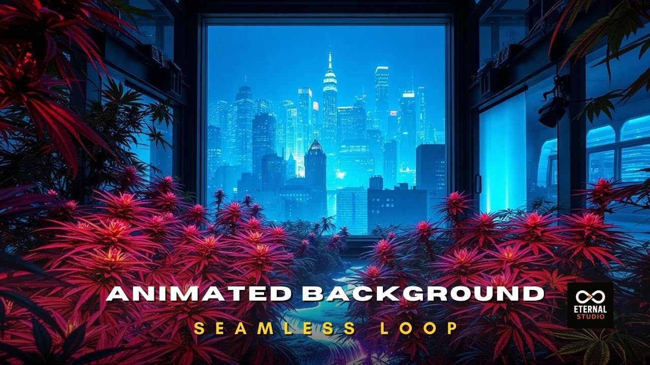 Animated Background - Marijuana Garden Cityscape, Red Cannabis, Trippy Stream Loop Live Wallpaper