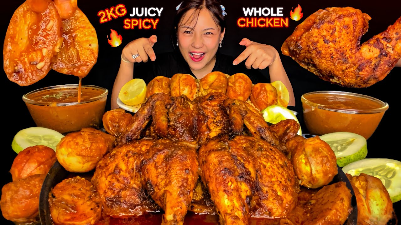 HUGE WHOLE GRILLED CHICKEN GRAVY🔥😱SPICY EGG MASALA CURRY WITH GHEE RICE | MUKBANG | BIG BITES