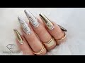 Gold Nails. Chrome powder nails. Fiber gel rebalance with Swarovski crystals. Nails trends, Chrome