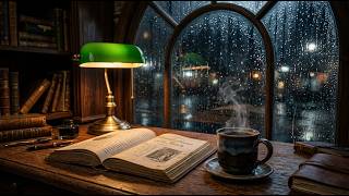 Cozy Old Library Ambience ☕ Warm Acoustic Piano Jazz &amp; Rain Soundsitle