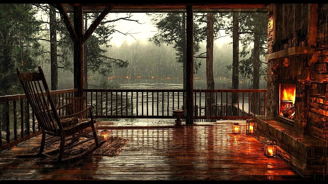 Calm Rain on a Cabin Porch 🔥🌧️ Fireplace & Lake Sounds for Deep Sleep and Relaxation (3 Hours)