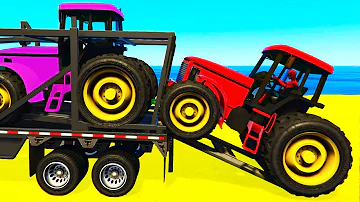 FUN COLOR TRACTOR Transportation - Spiderman Cartoon w Colors Race