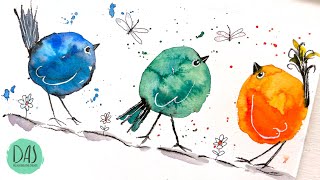 How to Paint Watercolor Birds | More Cute Quick and Colorful Whimsical Birds Tutorial for Beginners