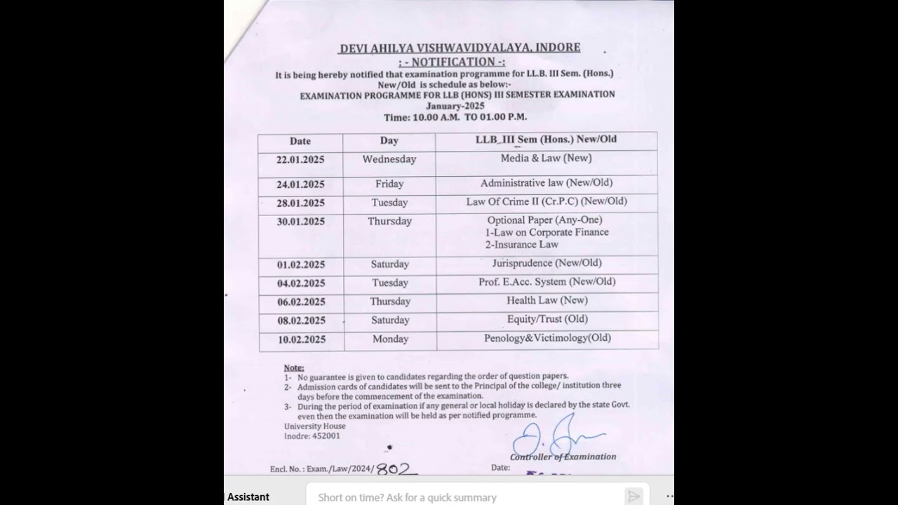 DAVV - Exam /BA LLB /LLB / B.com LLB // BBA LLB /2025