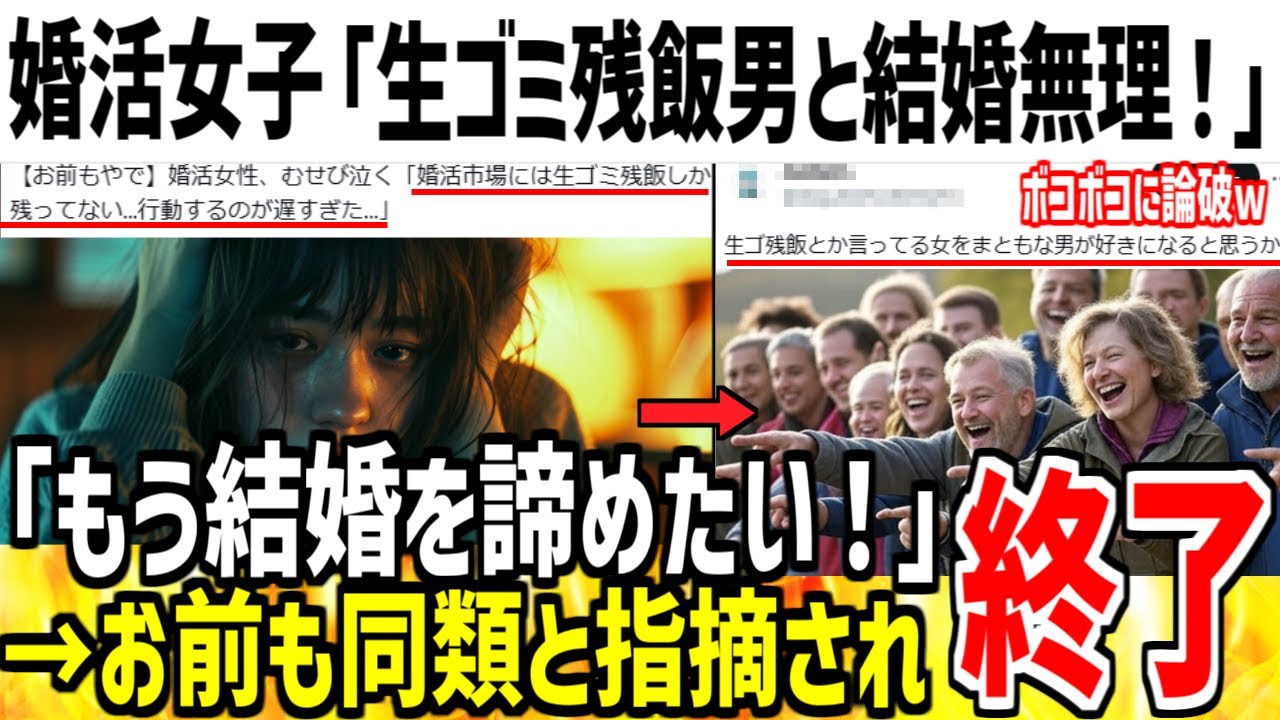 【ブーメラン】婚活女子(30)「婚活市場には生ゴミ残飯しか残ってない...」→お前もやでと指摘され自滅した模様...【ゆっくり解説】