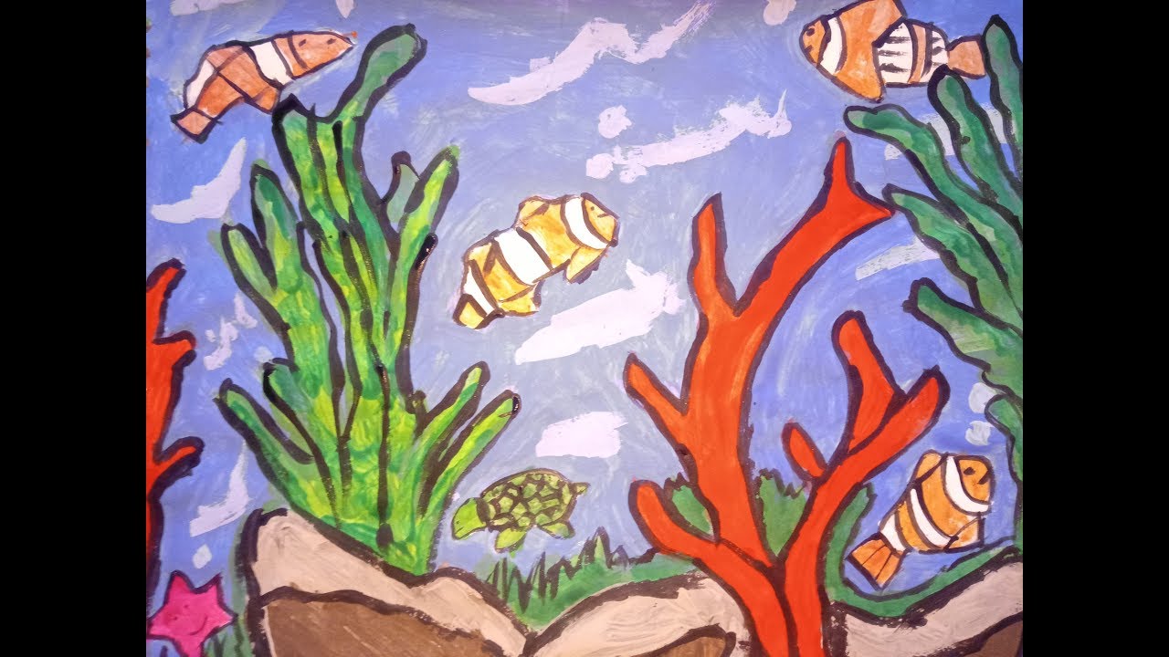 scenery drawing, oil pastel drawing, how to draw underwater, easy drawing, ...