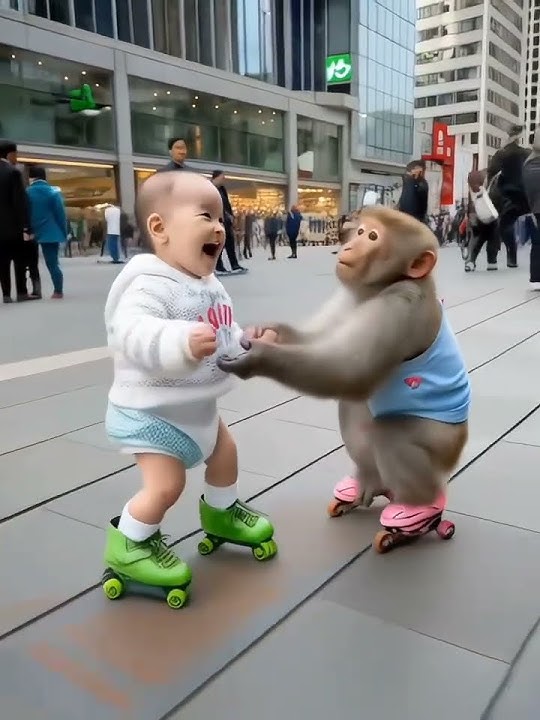Cute kids dance with monkeys in skateboard park wonderful adventure magic animals on TikTok Supe