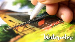 Beautiful Watercolor Painting of Tree Leaves and Rural Windmill Landscape