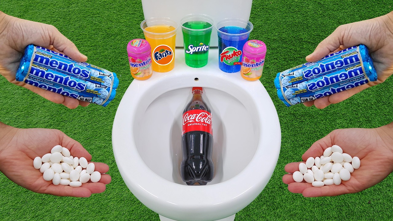 Эксперимент с колой и ментосом!! Большая кока-кола против Fruko, Sprite, Fanta и Mentos в туалете