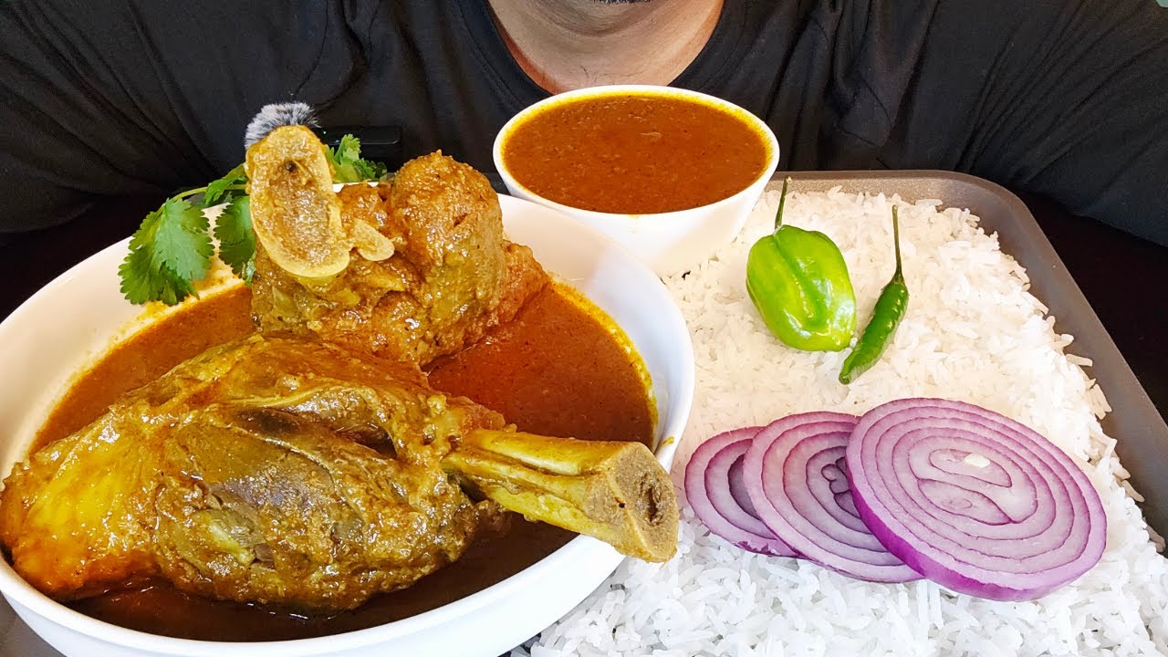 ASMR Mukbang!! Spicy Lamb Shank (Mutton) Curry With Basmati Rice