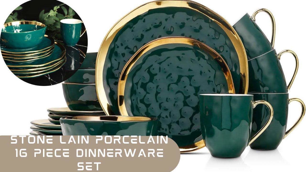 Stone Lain Porcelain 16 Piece Dinnerware Set, Service for 4, Green and Golden Rim